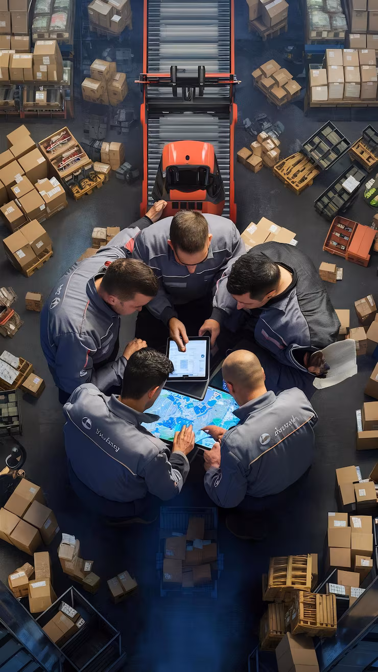 Warehouse staff in high-visibility vests discussing a distribution run beside stacked parcels